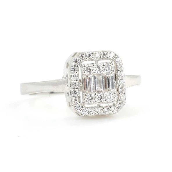 925 Ayar Gümüş Kare Model Baget Taş Yüzük - Resim 3