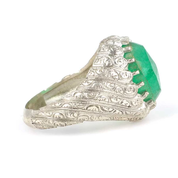 925 Ayar Gümüş Oval Zümrüt Taşlı Erkek Yüzük - Resim 4