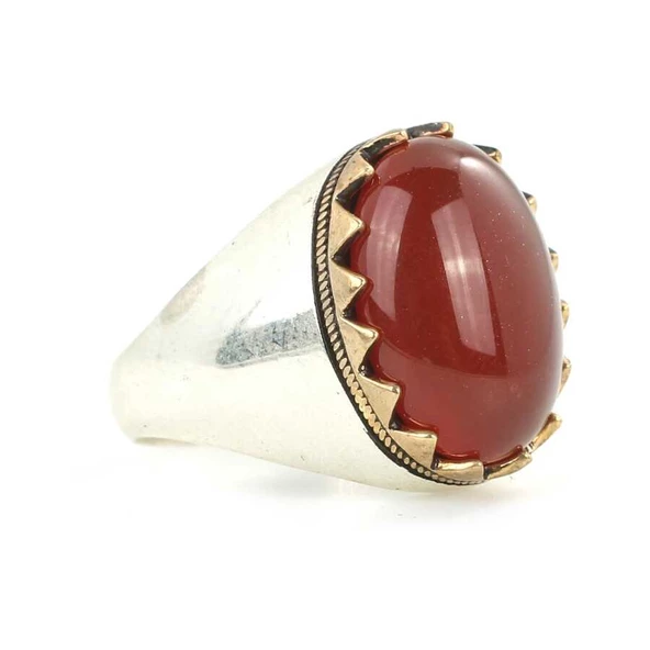 925 Ayar Gümüş Akik Taşlı Düz Erkek Yüzüğü - Resim 2