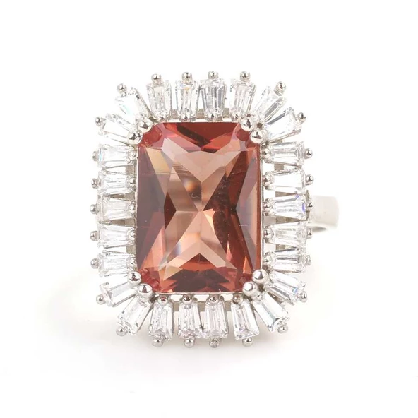 925 Ayar Gümüş Dikdörtgen Zultanit ve Baget Taş Yüzük, Büyük - Resim 3