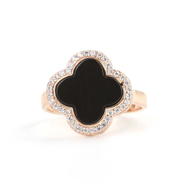 925 Ayar Gümüş Yonca Modeli Oniks ve Zirkon Taşlı Yüzük - Resim 4