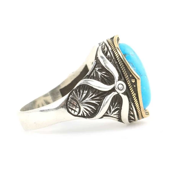 925 Ayar Gümüş Koyu Turkuaz Taşlı Erkek Yüzüğü - Resim 3