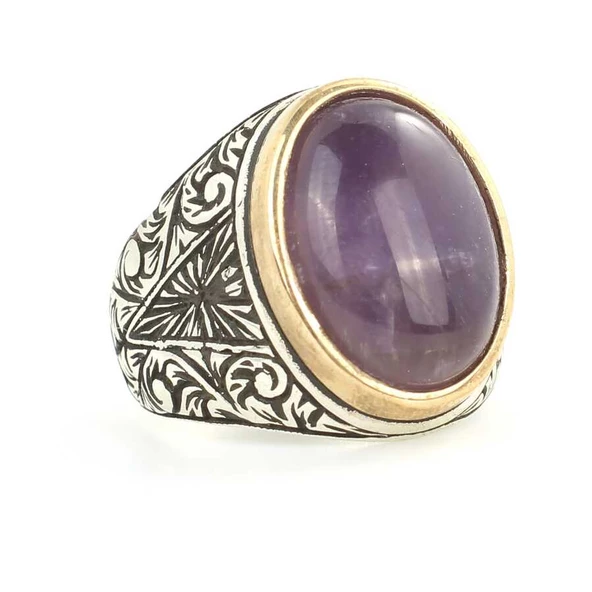 925 Ayar Gümüş Ametist Taşı Erkek Yüzüğü - Resim 2