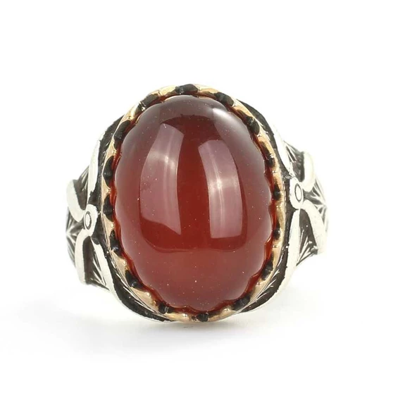 925 Ayar Gümüş Akik Taşlı Desenli Erkek Yüzüğü - Resim 4