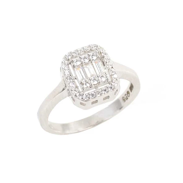 925 Ayar Gümüş Kare Model Baget Taş Yüzük - Resim 2