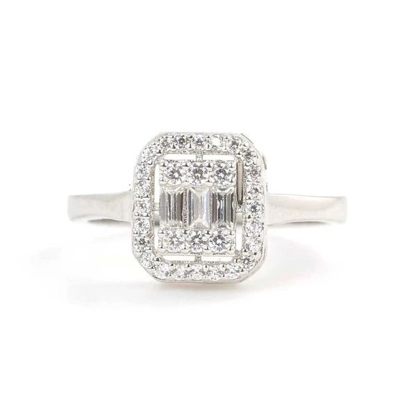 925 Ayar Gümüş Kare Model Baget Taş Yüzük - Resim 5