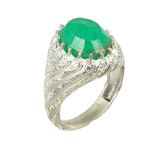 925 Ayar Gümüş Oval Zümrüt Taşlı Erkek Yüzük ürün görseli