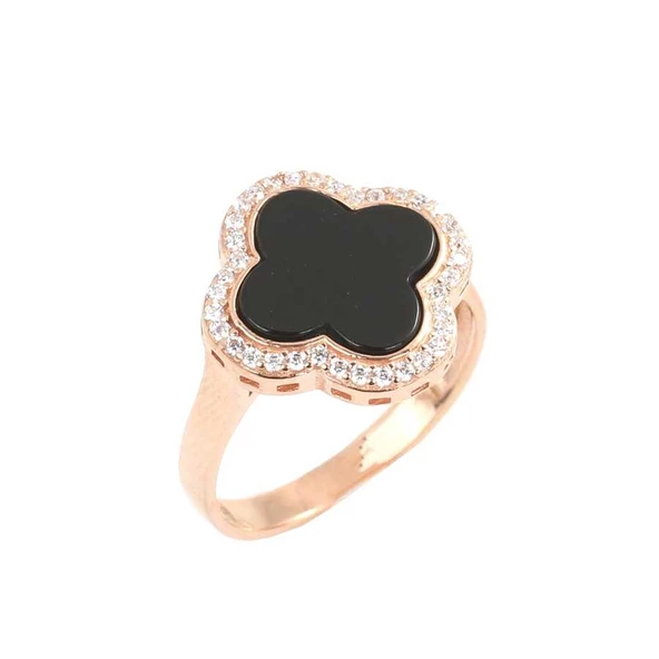 925 Ayar Gümüş Yonca Modeli Oniks ve Zirkon Taşlı Yüzük ürün görseli 1