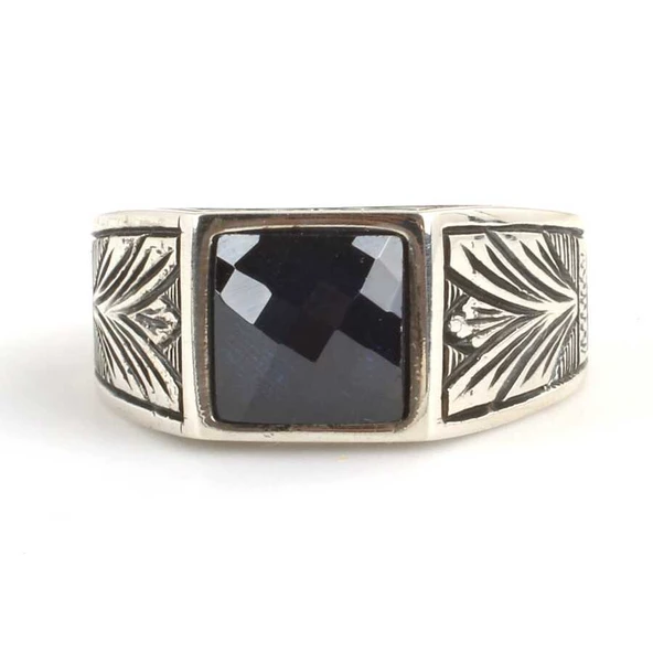 925 Ayar Gümüş Sentetik Safir Taşlı Erkek Yüzüğü - Resim 5