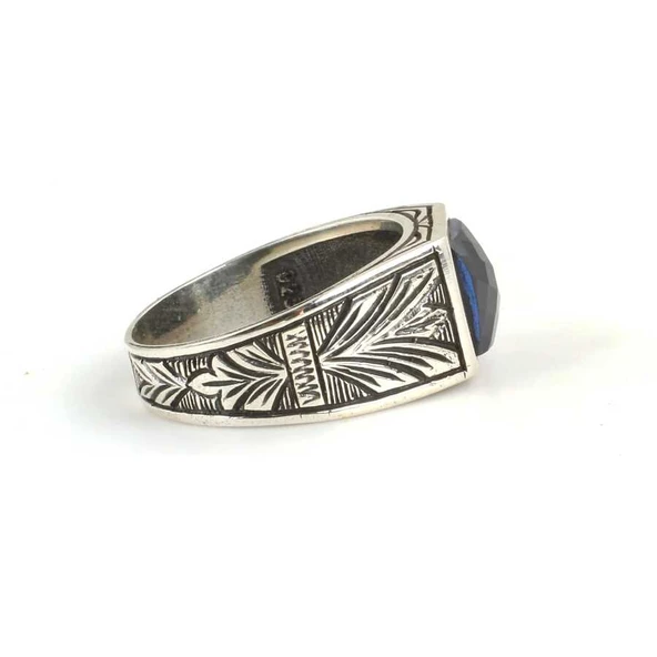 925 Ayar Gümüş Sentetik Safir Taşlı Erkek Yüzüğü - Resim 4