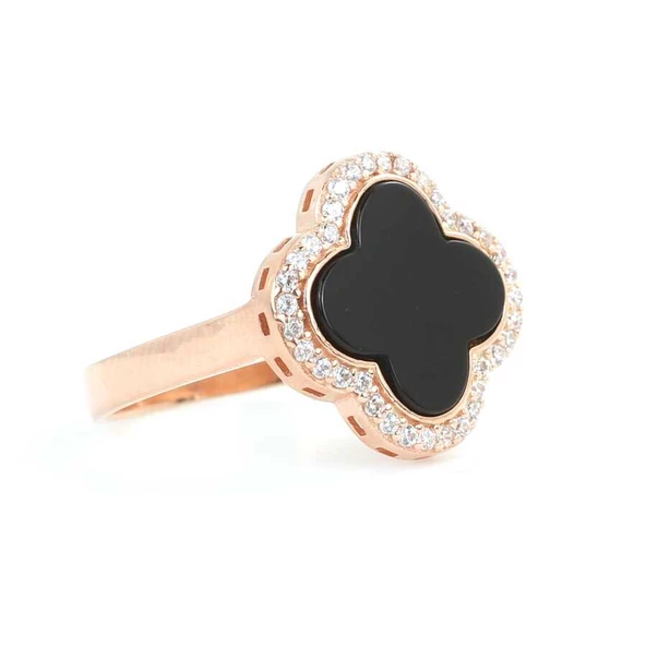 925 Ayar Gümüş Yonca Modeli Oniks ve Zirkon Taşlı Yüzük - Resim 2