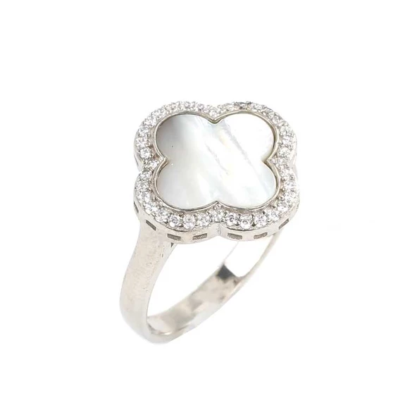 925 Ayar Gümüş Yonca Modeli Sedef ve Zirkon Taşlı Yüzük ürün görseli 1