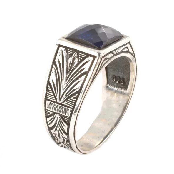 925 Ayar Gümüş Sentetik Safir Taşlı Erkek Yüzüğü - Resim 2
