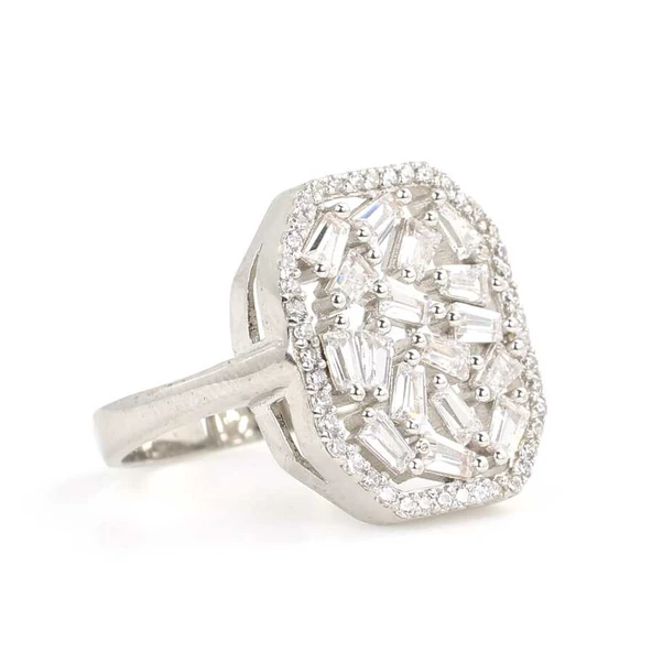 925 Ayar Gümüş Kare Model Baget Taşlı Yüzük - Resim 2