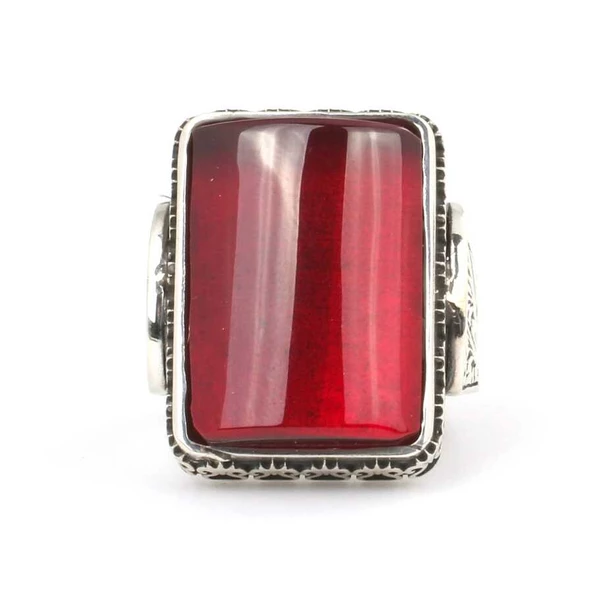 925 Ayar Gümüş El Kalemli Kırmızı Renk Sıkma Kehribar Erkek Yüzüğü - Resim 4