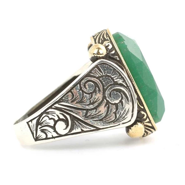 925 Ayar Gümüş Kök Zümrüt Taşlı Erkek Yüzüğü - Resim 3