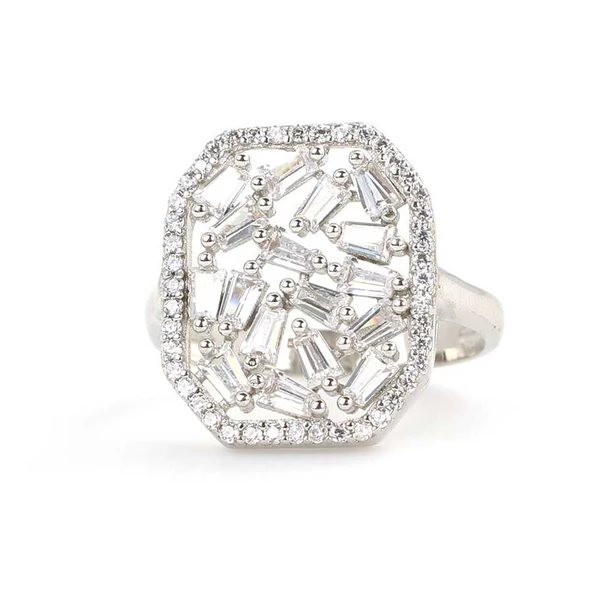 925 Ayar Gümüş Kare Model Baget Taşlı Yüzük - Resim 4