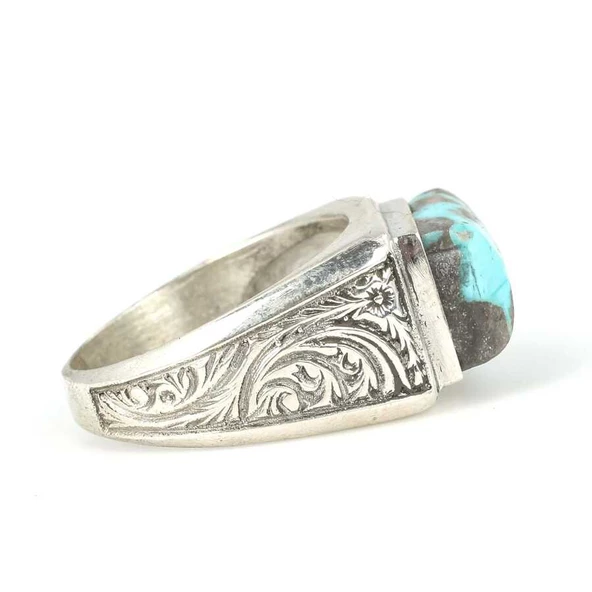 925 Ayar Gümüş Dikdörtgen Damarlı Turkuaz Taşlı Erkek Yüzük - Resim 3