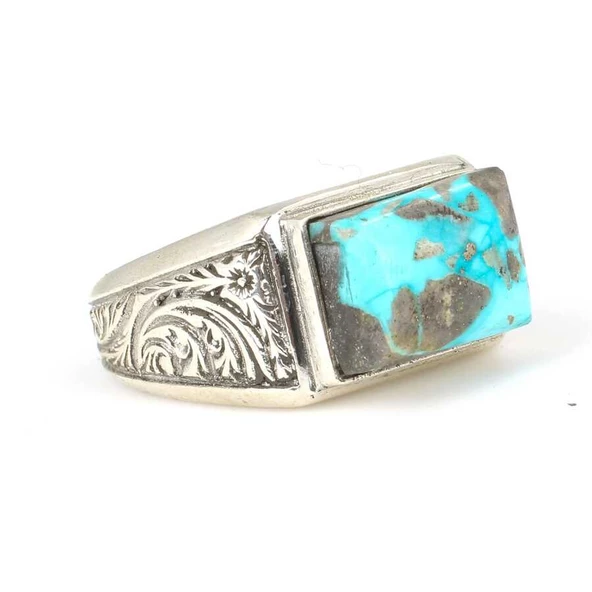 925 Ayar Gümüş Dikdörtgen Damarlı Turkuaz Taşlı Erkek Yüzük - Resim 2