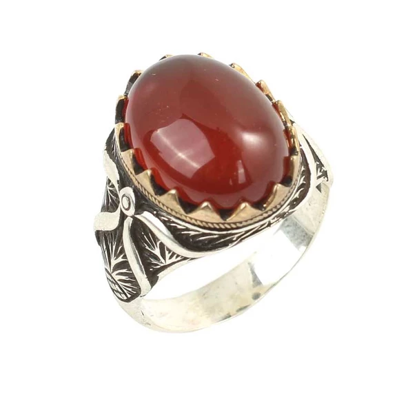 925 Ayar Gümüş Akik Taşlı Desenli Erkek Yüzüğü ürün görseli