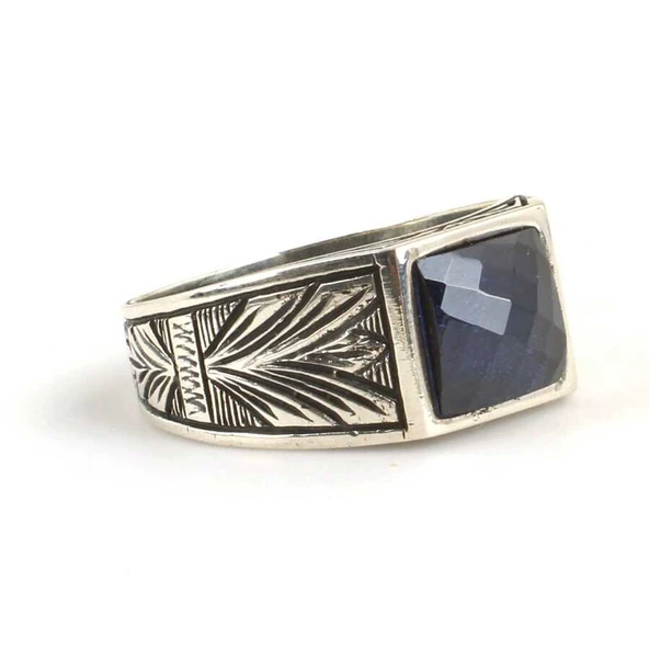 925 Ayar Gümüş Sentetik Safir Taşlı Erkek Yüzüğü - Resim 3