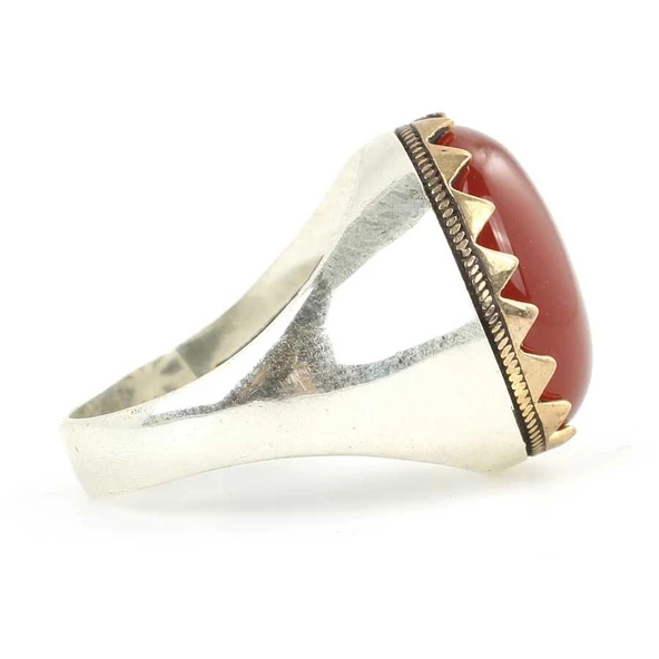 925 Ayar Gümüş Akik Taşlı Düz Erkek Yüzüğü - Resim 3