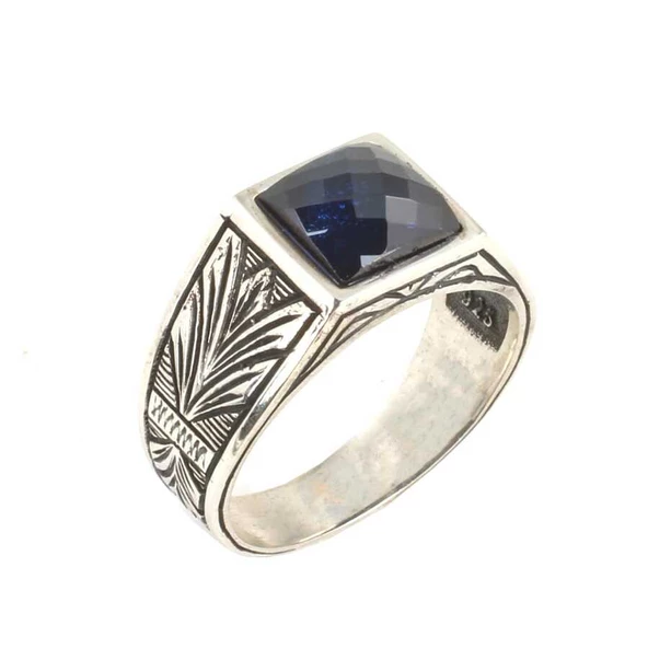 925 Ayar Gümüş Sentetik Safir Taşlı Erkek Yüzüğü ürün görseli
