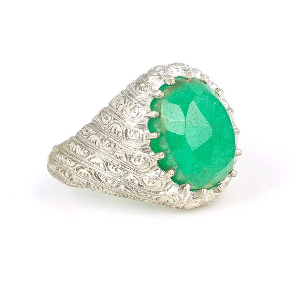 925 Ayar Gümüş Oval Zümrüt Taşlı Erkek Yüzük - Resim 3