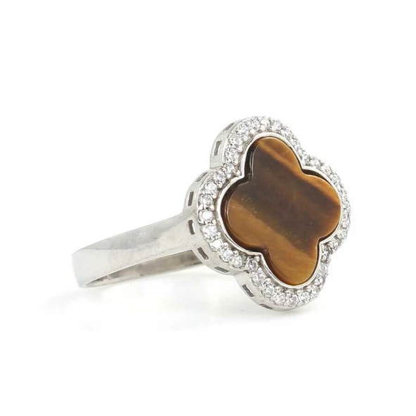 925 Ayar Gümüş Yonca Modeli Kaplan Gözü ve Zirkon Taşlı Yüzük - Resim 2