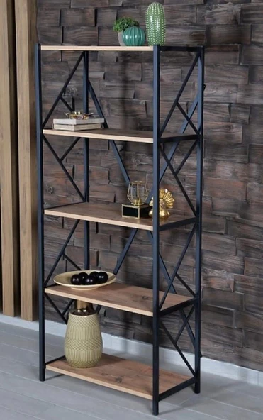 5 Katlı Kitaplık - Metal Ayaklı Ahşap Kitaplık, Dekoratif Raf Beyaz
