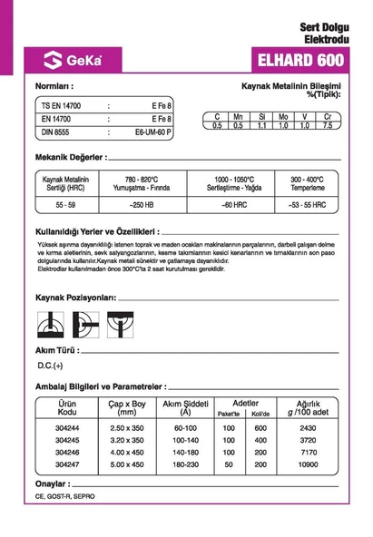 GeKa ELHARD 600 Sert Dolgu Kaynak Elektrotu E6-UM-60 P - 3,20x350 - 2