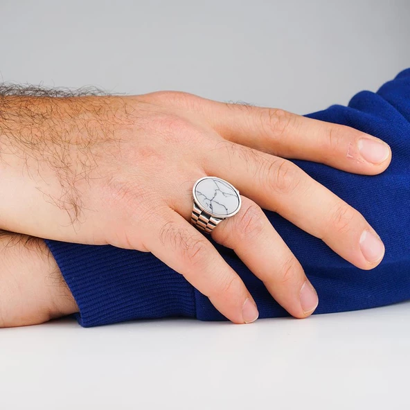 Beyaz Firuze Taşlı Saat Kordon Tasarımlı Gümüş Erkek Yüzük - Resim 2