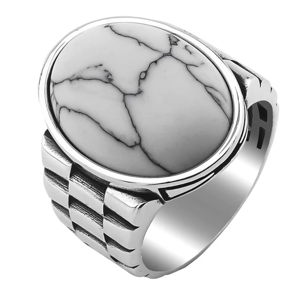 Beyaz Firuze Taşlı Saat Kordon Tasarımlı Gümüş Erkek Yüzük - Resim 3