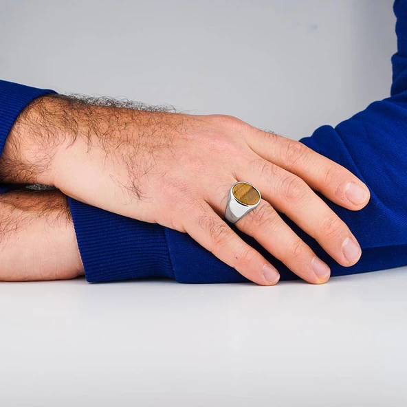 Oval Kaplangözü Taşlı Parlak 925 Ayar Gümüş Yüzük - Resim 2