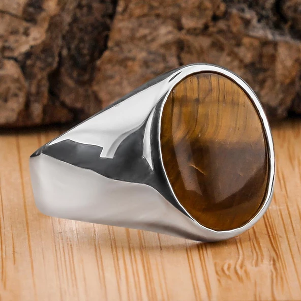 Oval Kaplangözü Taşlı Parlak 925 Ayar Gümüş Yüzük ürün görseli