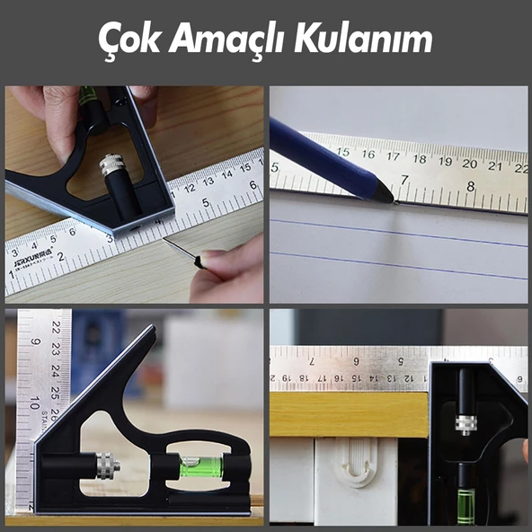 BTS Dw Ayarlanabilir Su Terazili Gönye 30 cm 45-90° Marangoz Açı Ölçer Cetvel - 4