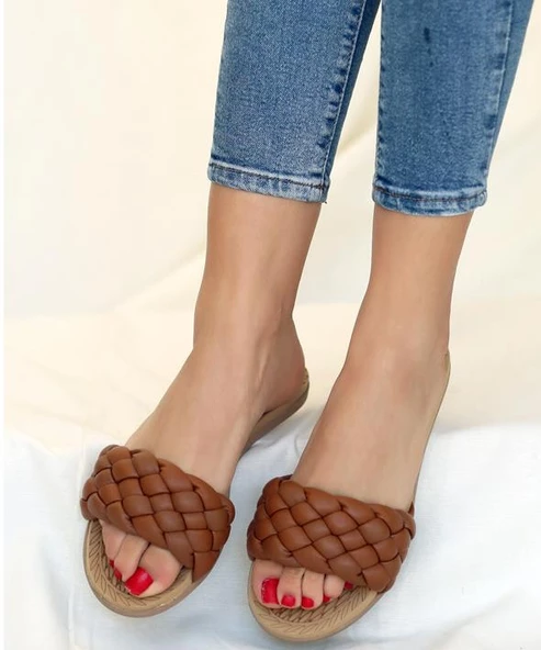 Pembe Potin Örgülü Rahat Taban Moda Kadın Terlik 41-20-22 - 5