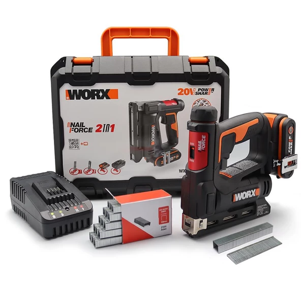 Worx Wx843 20Volt/2.0Ah. Li-İon Şarjlı Profesyonel 6-14Mm Zımba Ve 15Mm Çivi Çakma + 3500 Adet Yedek Zımba Ve Çivi