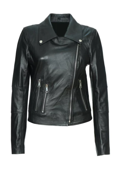 Fit Kesim Bayan Deri Ceket Beyaz Diş Fermuarlı - 9