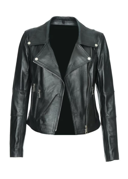 Fit Kesim Bayan Deri Ceket Beyaz Diş Fermuarlı - 2