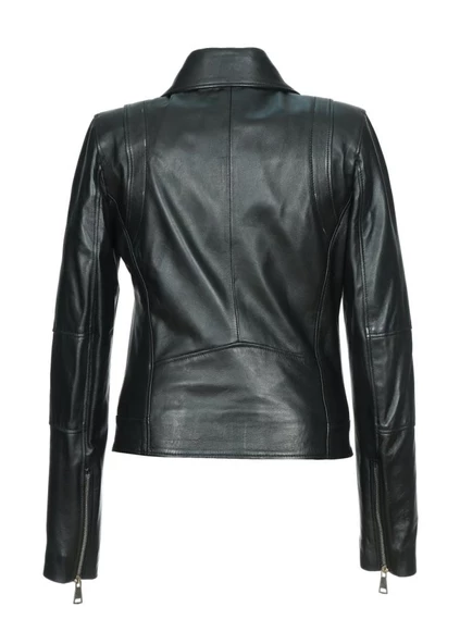 Fit Kesim Bayan Deri Ceket Beyaz Diş Fermuarlı - 11