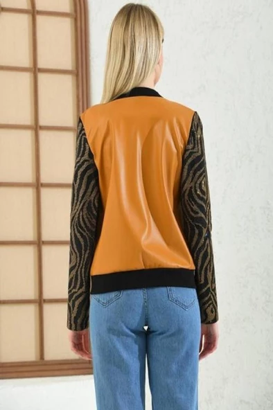 Hakim Yaka Kolları Taşlı Hardal Kadın Deri Mont - 5