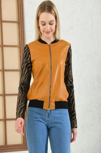 Hakim Yaka Kolları Taşlı Hardal Kadın Deri Mont - 4