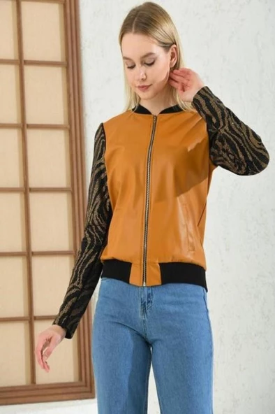 Hakim Yaka Kolları Taşlı Hardal Kadın Deri Mont - 3