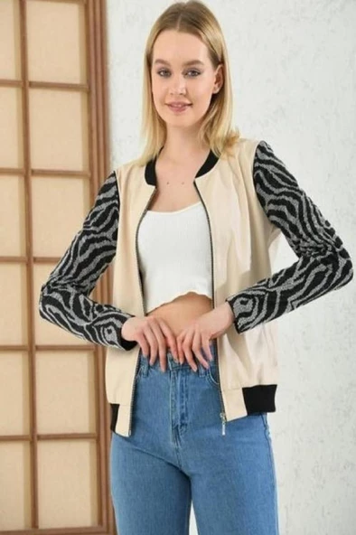 Hakim Yaka Kolları Taşlı Ekru Kadın Deri Mont - 4