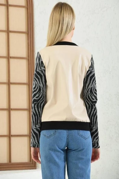 Hakim Yaka Kolları Taşlı Ekru Kadın Deri Mont - 5