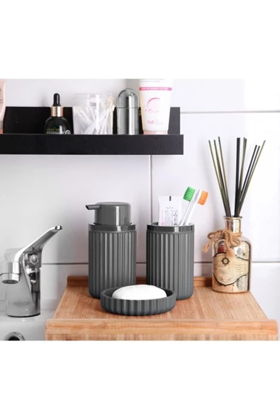 SAS Banyo Takımı Diş Fırçalık Sıvı Sabunluk Katı Sabunluk 3Lü Set Gri - 2