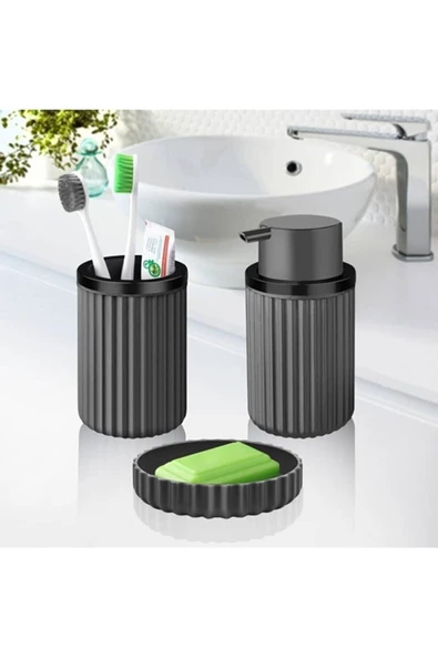 SAS Banyo Takımı Diş Fırçalık Sıvı Sabunluk Katı Sabunluk 3Lü Set Gri