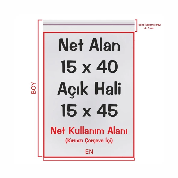 15x40+5 cm. (15x45) 100 Adet - Şeffaf Bantlı Yapışkanlı OPP Jelatin Poşet