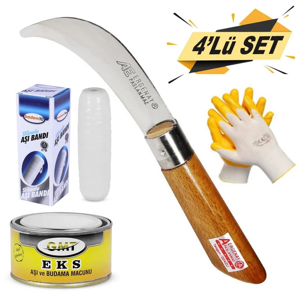 Ergenay Aşı Bıçağı Eğri Uçlu Bağ Bıçağı + Aşı Bandı + Aşı Macunu + Eldiven (4'LÜ SET)